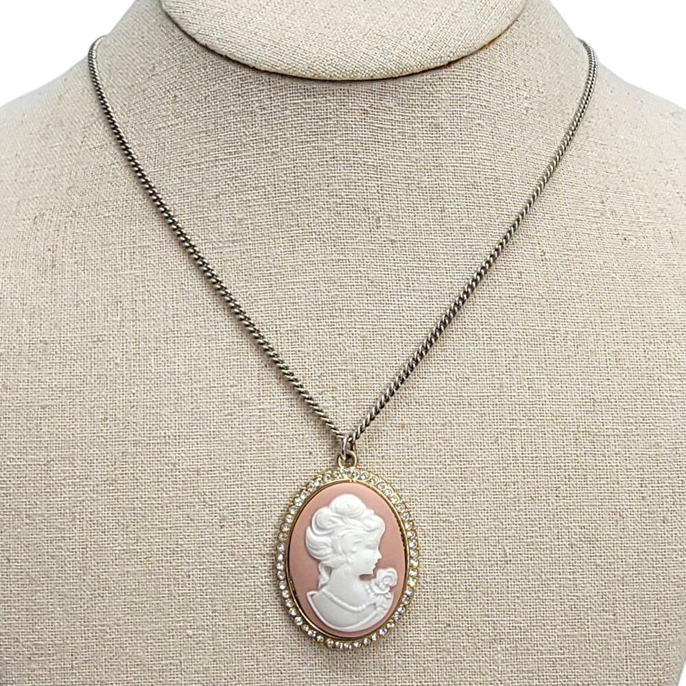 Vintage Pink Cameo Pendant Necklace Victorian Revival Rhinestone Halo Chain